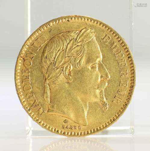 1866 FRENCH GOLD COIN, 20 FRANCS - NAPOLEON III LAUREATE HEA...