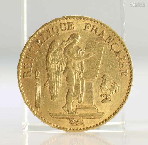 1878 FRENCH GOLD COIN, 20 FRANCS - GUARDIAN ANGEL