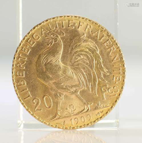 1909 FRENCH GOLD COIN, 20 FRANCS - MARIANNE ROOSTER