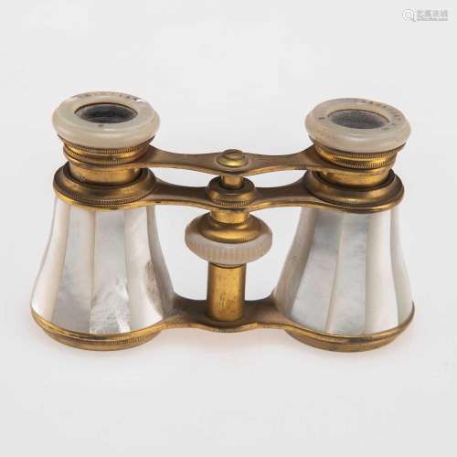 A PAIR OF EARLY 20TH CENTURY BRASS AND MOTHER-OF-PEARL OPERA...