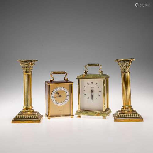 TWO CARRIAGE CLOCKS, AND A PAIR OF BRASS CORINTHIAN COLUMN C...