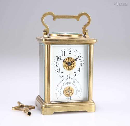 A BRASS-CASED CARRIAGE CLOCK WITH AN INTEGRAL WEATHER STATIO...