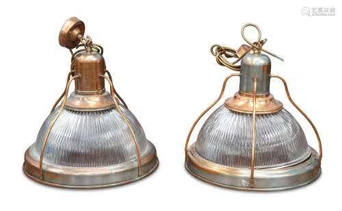 A PAIR OF COPPER-MOUNTED HOLOPHANE CEILING LIGHTS