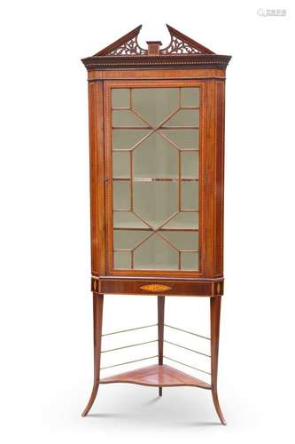 A SHERATON REVIVAL INLAID MAHOGANY CORNER CABINET ON STAND, ...