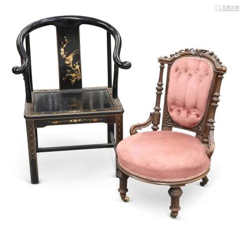 A VICTORIAN WALNUT NURSING CHAIR, AND A CHINOISERIE LACQUER ...