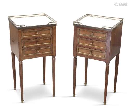 A PAIR OF LOUIS XVI STYLE BRASS-MOUNTED AND MARBLE-TOPPED BE...