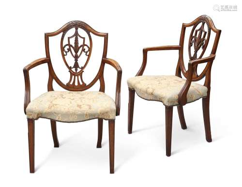 A PAIR OF GEORGE III MAHOGANY \'HEPPLEWHITE\' ARMCHAIRS