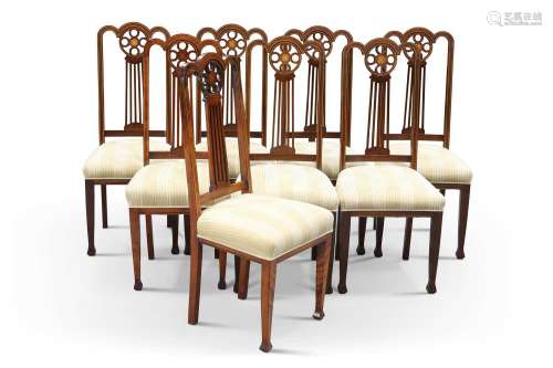 A SET OF EIGHT ARTS AND CRAFTS STYLE INLAID MAHOGANY DINING ...