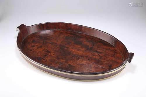 A GEORGE III BRASS-BOUND COOPERED MAHOGANY TRAY