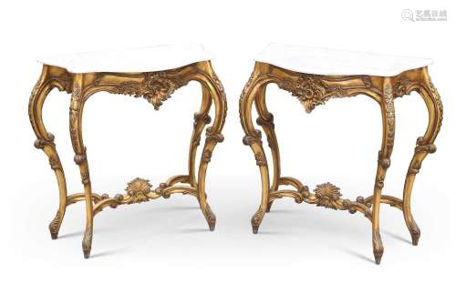 A PAIR OF LOUIS XV STYLE MARBLE-TOPPED GILTWOOD CONSOLE TABL...