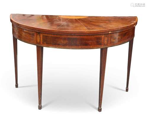 A GEORGE III INLAID MAHOGANY DEMILUNE FOLDOVER CARD TABLE, P...