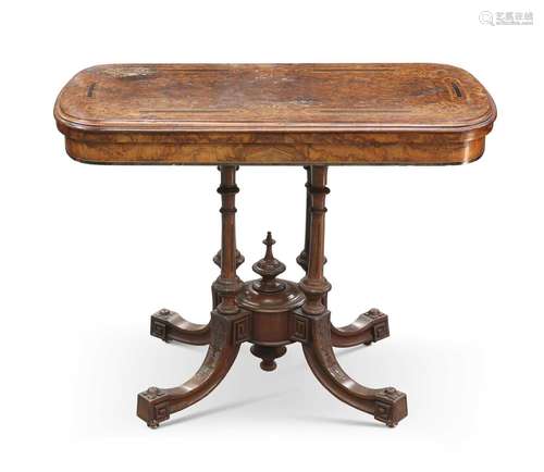 A VICTORIAN INLAID BURR WALNUT FOLDOVER CARD TABLE, CIRCA 18...