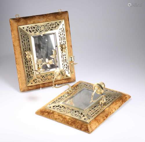 A PAIR OF LATE VICTORIAN BRASS AND VELVET WALL MIRRORS WITH ...