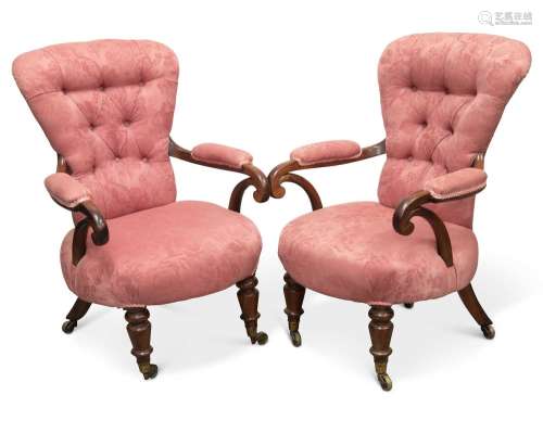 A PAIR OF WILLIAM IV ROSEWOOD AND UPHOLSTERED ARMCHAIRS