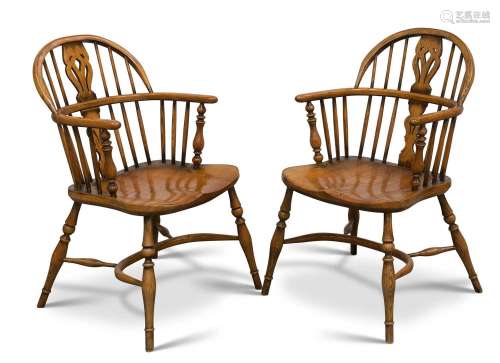 A PAIR OF PERIOD STYLE OAK AND ELM WINDSOR ARMCHAIRS