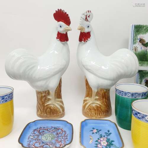 A pair of Chinese cockerels, 25 cm high, two cushions, four ...