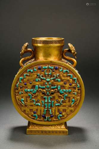 清 銅鎏金嵌松石螭龍紋如意耳尊瓶