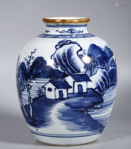 Qing Dynasty, blue and white landscape figure painting pot