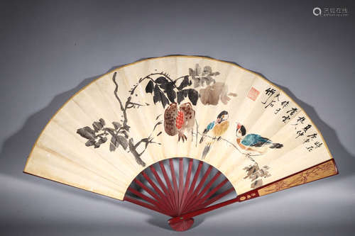 In the Qing Dynasty, Tang Yun's pomegranate double bird fold...