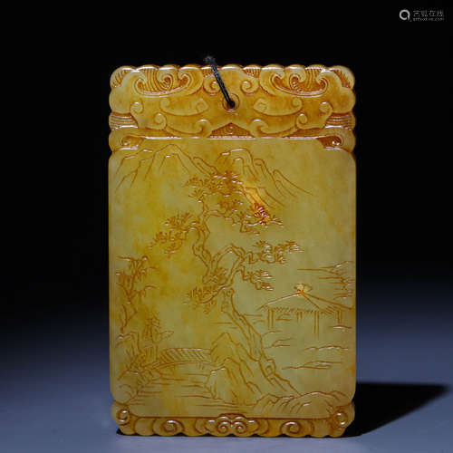 In the Qing Dynasty, Hetian Huangyu Yin carved landscape cha...