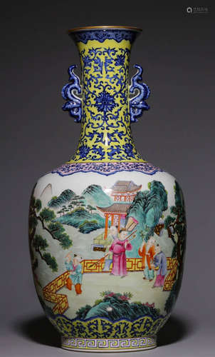 In the Qing Dynasty, blue and white pastel vase with two ear...