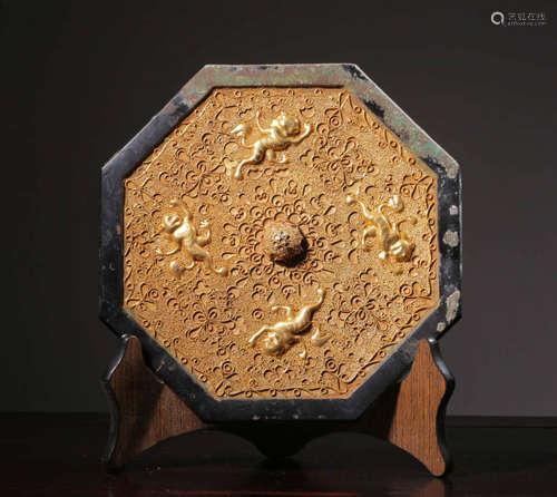 Bronze gilded eight square bronze mirror with auspicious ani...