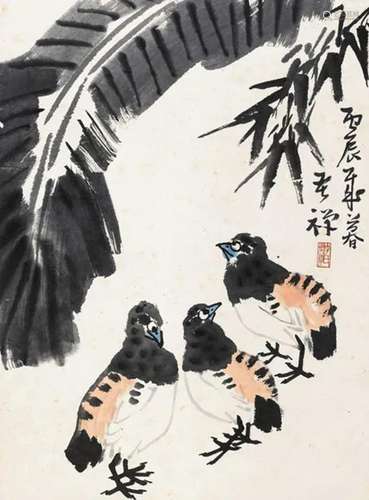 李苦禅 丙辰（1976年）作 蕉荫三雀 立轴