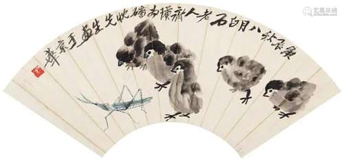 齐白石 庚辰（1940年）作 雏鸡蚱蜢 镜心