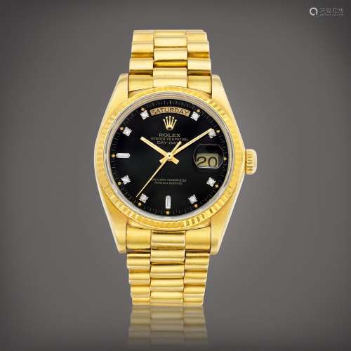 RolexDay-Date, Reference 18038 |  A yellow gold and diamond-...