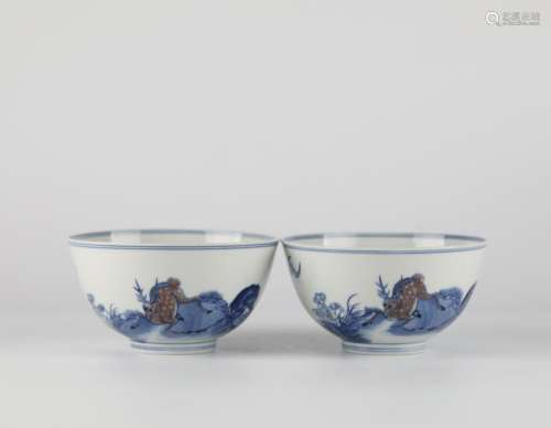 A pair of Chinese blue and white underglaze red porcelain bo...