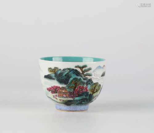 Chinese colorful landscape patterns porcelain cup, 18th cent...