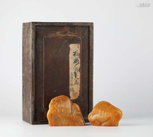 Huang Shaomu, a pair of Chinese Tian Huang stone carved seal...