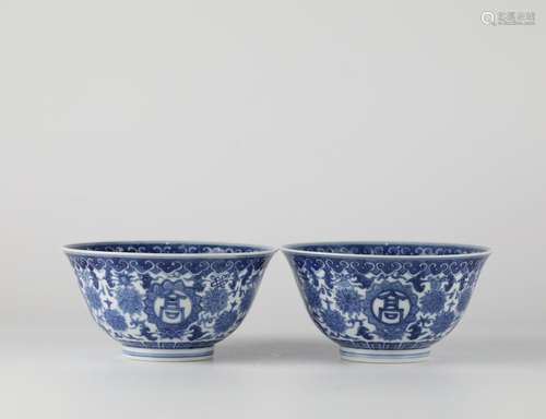 A Pair of Chinese Blue and White Glazed Porcelain Bowls,Qian...