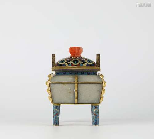 Chinese cloisonne and Hotan white jade carved Incense burner...