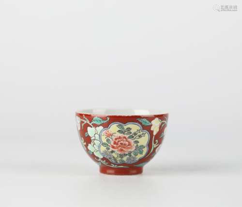 Chinese Coral Red Glazed Flower Pattern Porcelain Cup, Yongz...