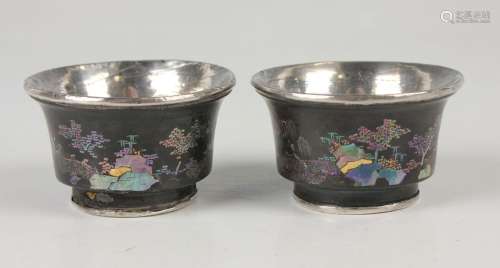A pair of Chinese laque burgauté wine cups