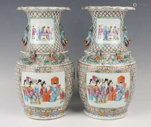 A pair of Chinese Canton famille rose porcelain vases