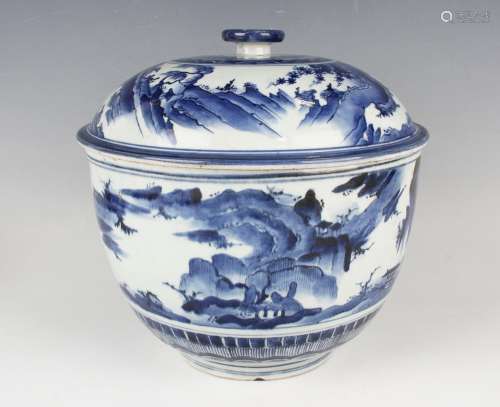 A Japanese Arita blue and white porcelain bowl and cover