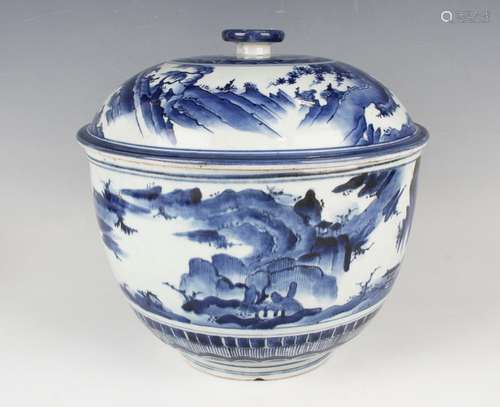 A Japanese Arita blue and white porcelain bowl and cover