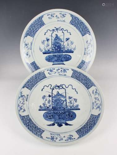 A near pair of Chinese blue and white porcelain circular cha...