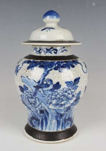 A Chinese blue and white crackle glazed porcelain jar and co...