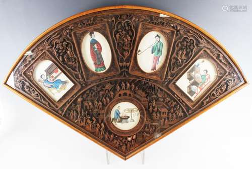 A Chinese Canton export sandalwood fan shaped frame