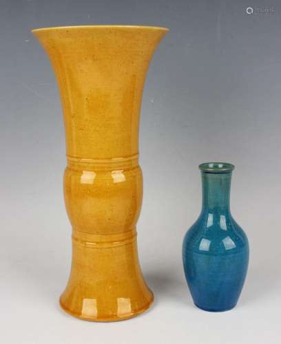 A Chinese yellow glazed porcelain beaker vase