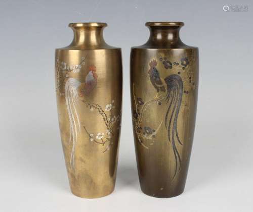 A pair of Japanese mixed metal inlaid bronze vases