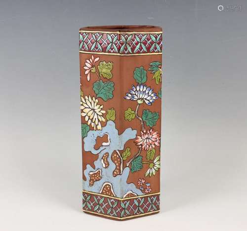 A Chinese enamelled Yixing stoneware hexagonal vase