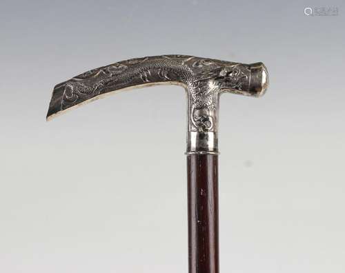 A Chinese silver handled walking cane