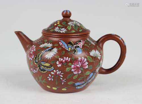 A Chinese enamelled Yixing stoneware diminutive teapot and c...