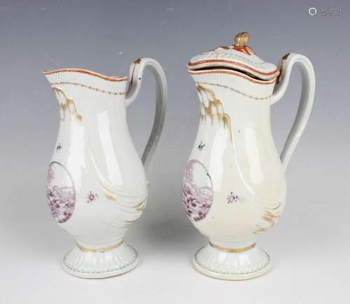 A pair of Chinese export porcelain ewers and a cover