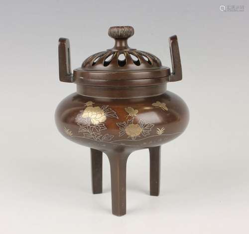 A Japanese brown patinated bronze koro and cover