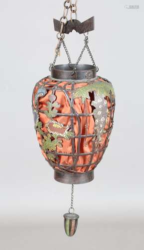 A Japanese brown patinated bronze and cloisonné hanging lant...